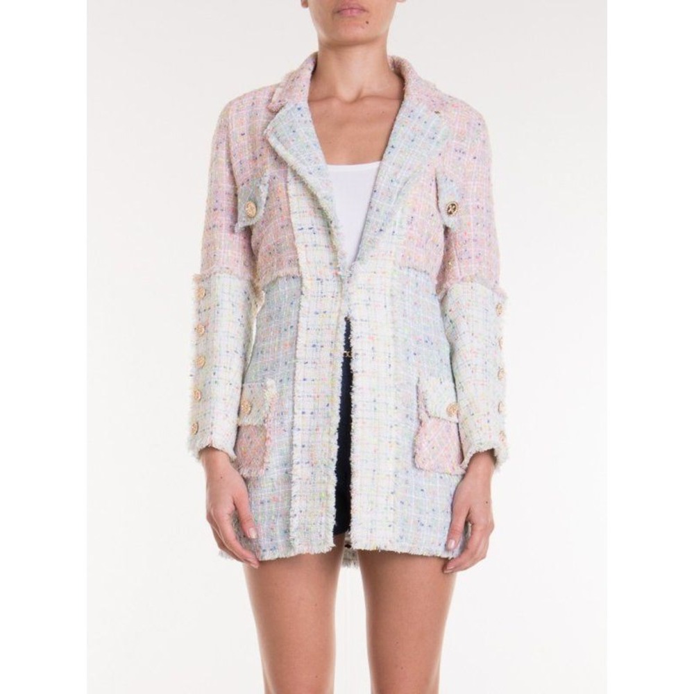 Edward Achour Paris Pastel Colorblock Tweed Short Coat Gold Crest Buttons 40